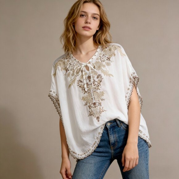 Johnny Was Tops - NWOT Johnny Was Embroidered Floral Kaftan Shirt Blouse Oversized Sz M